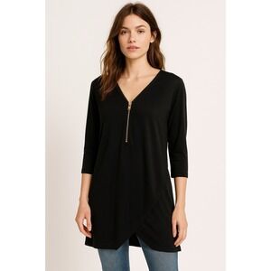 Soft Surroundings blouse black 3/4 sleeve zip front tunic split back Small